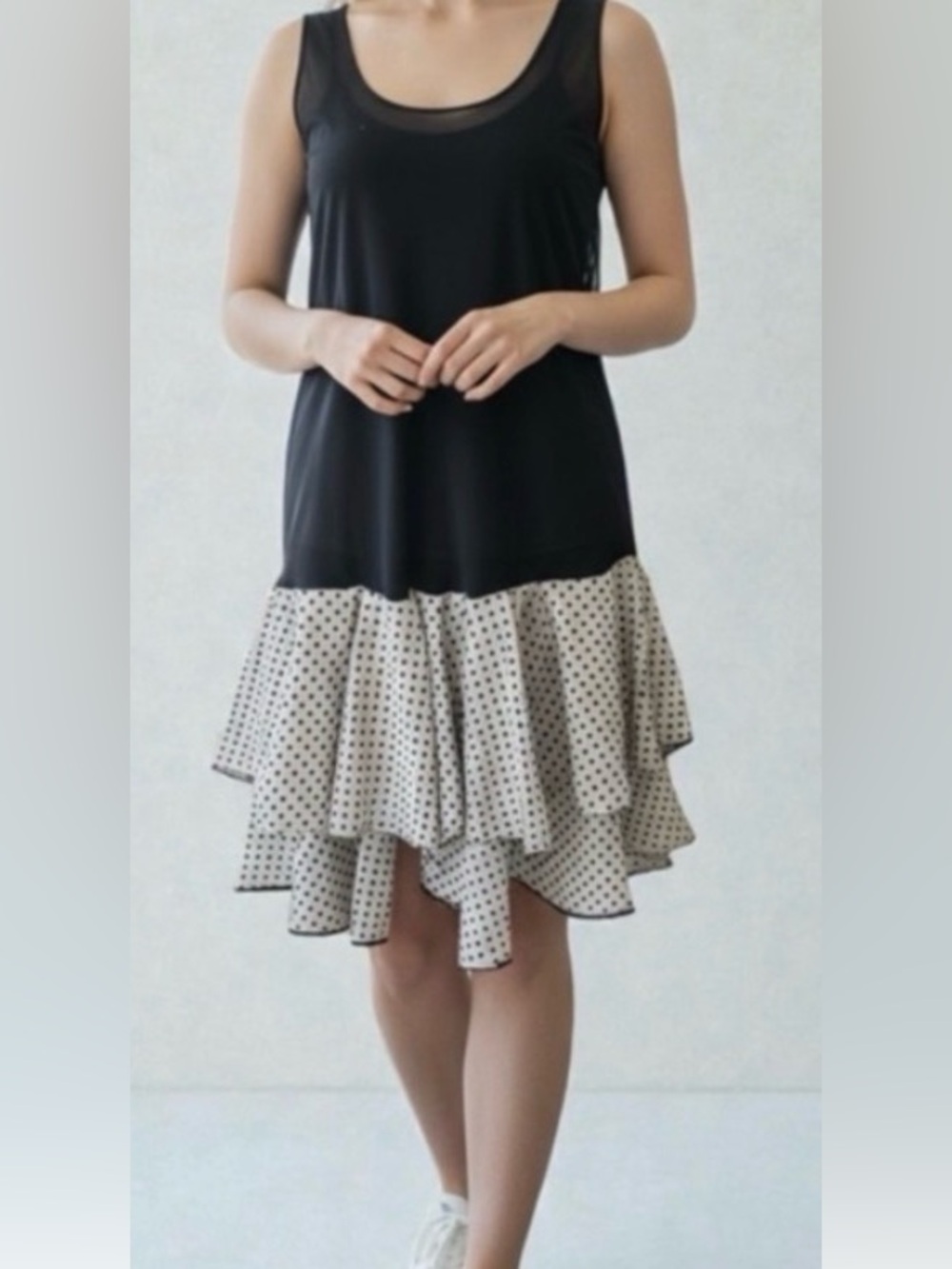 Vintage 80s Michael Blake Polka Dot Dress Size 16 Black Cream Blue Ruffle